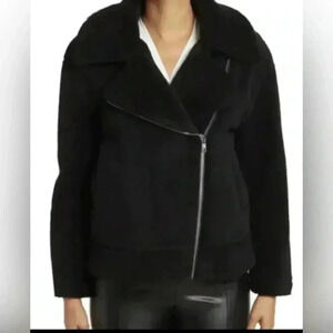 $378 Rebecca Minkoff Teddy Black Moto Biker Aviator Faux Fur Jacket Coat size S​